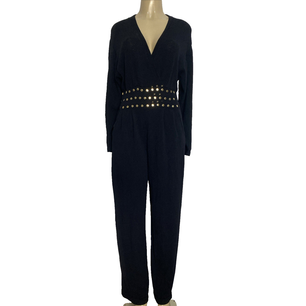 VTG St John Santana Knit Jumpsuit Black Long Sleeve V Neck Gold Stud Pockets 8